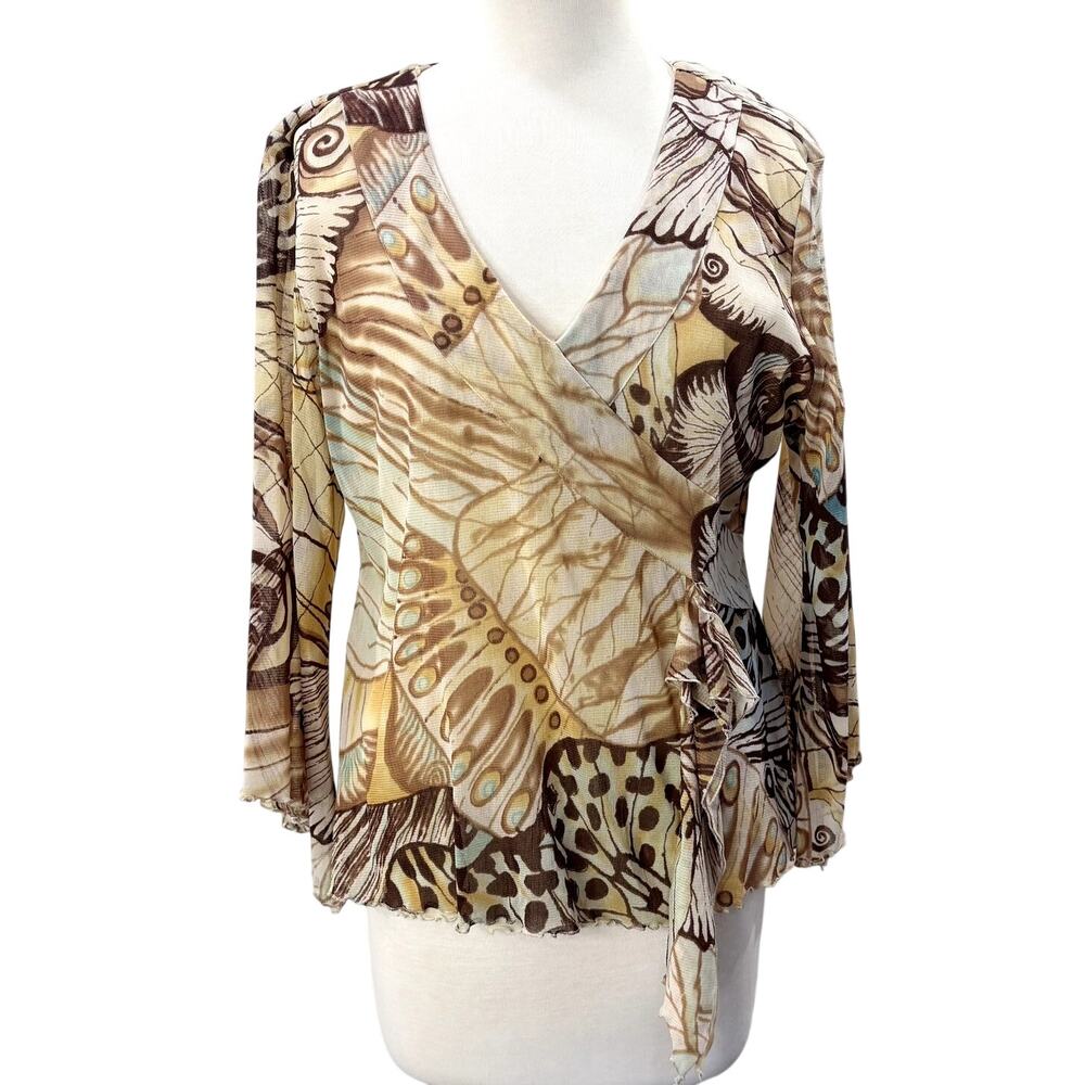 Russell Kemp Size L Top Y2K Butterfly Wing Print Sheer Mesh Fairy Flared Sleeve
